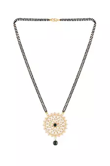 Traditional Pearl Kundan Studded Pendant with Black Bead Chain Mangalsutra for Women 