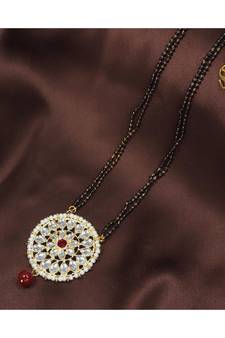 Traditional Pearl Kundan Studded Pendant with Black Bead Chain Mangalsutra for Women (D085) (Maroon)