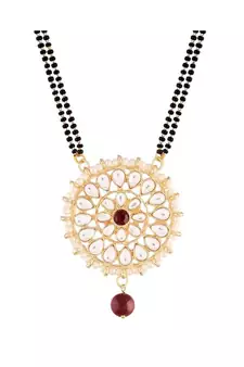 Traditional Pearl Kundan Studded Pendant with Black Bead Chain Mangalsutra for Women 
