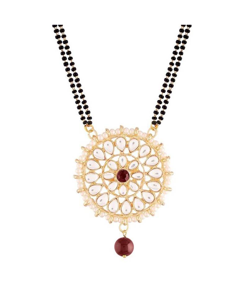 Traditional Pearl Kundan Studded Pendant with Black Bead Chain Mangalsutra for Women 