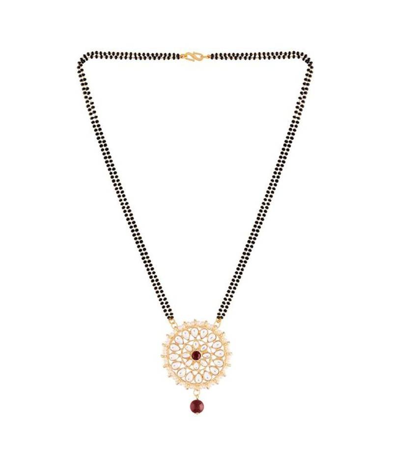 Traditional Pearl Kundan Studded Pendant with Black Bead Chain Mangalsutra for Women 