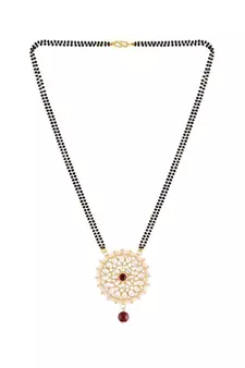 Traditional Pearl Kundan Studded Pendant with Black Bead Chain Mangalsutra for Women 