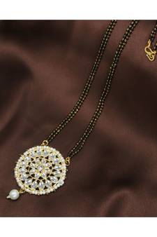 Traditional Pearl Kundan Studded Pendant with Black Bead Chain Mangalsutra for Women (D085W)