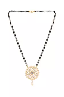 Traditional Pearl Kundan Studded Pendant with Black Bead Chain Mangalsutra for Women (D085W)