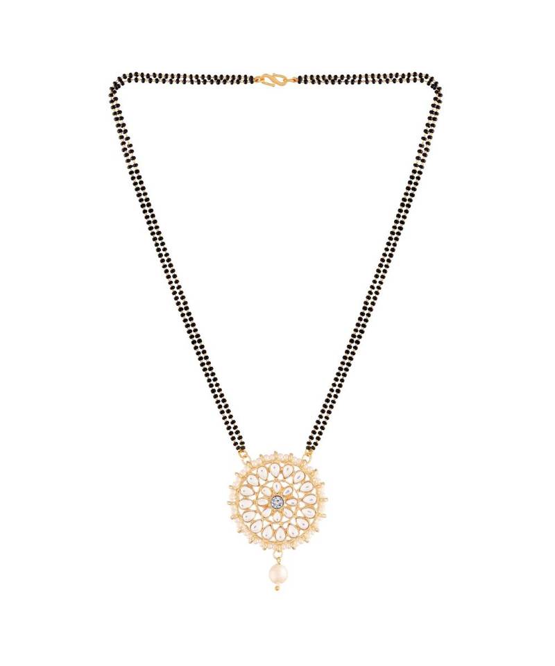 Traditional Pearl Kundan Studded Pendant with Black Bead Chain Mangalsutra for Women (D085W)