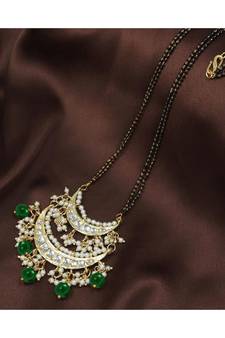 Traditional Pearl Kundan Studded Pendant with Black Bead Chain Mangalsutra for Women (D086G)