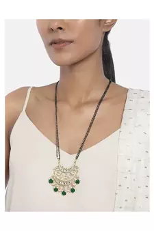 Traditional Pearl Kundan Studded Pendant with Black Bead Chain Mangalsutra for Women 