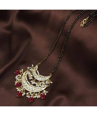 Traditional Pearl Kundan Studded Pendant with Black Bead Chain Mangalsutra for Women  1