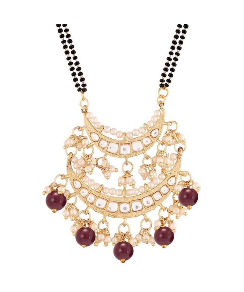 Traditional Pearl Kundan Studded Pendant with Black Bead Chain Mangalsutra for Women 