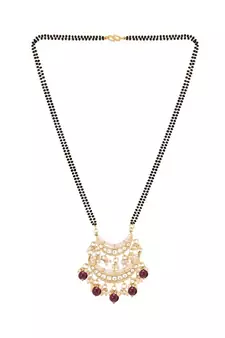 Traditional Pearl Kundan Studded Pendant with Black Bead Chain Mangalsutra for Women 