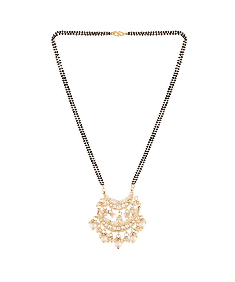 Traditional Pearl Kundan Studded Pendant with Black Bead Chain Mangalsutra for Women 