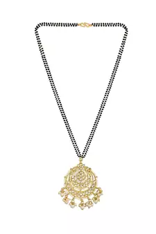  Traditional Pearl Kundan Studded Pendant with Black Bead Chain Mangalsutra for Women 
