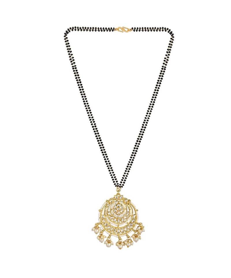  Traditional Pearl Kundan Studded Pendant with Black Bead Chain Mangalsutra for Women 