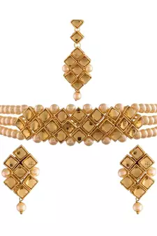 Traditional Pearl Kundan Choker Necklace Set for Women Girls 