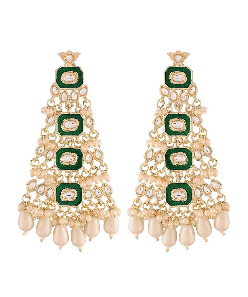 Green Meenakari Kundan Pearl Chandbali Dangle Earrings for Women 