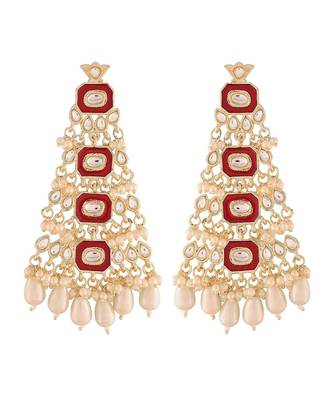 Red Meenakari Kundan Pearl Chandbali Dangle Earrings for Women  1