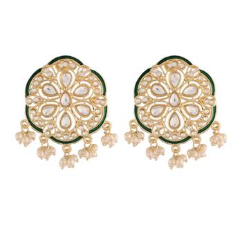 Traditional Green Meenakari Kundan Pearl Stud Earrings for Women  2