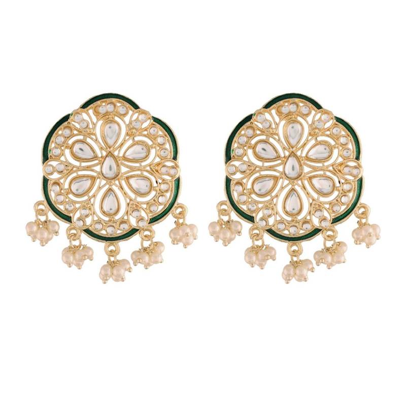 Traditional Green Meenakari Kundan Pearl Stud Earrings for Women 