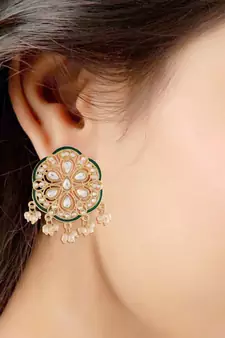 Traditional Green Meenakari Kundan Pearl Stud Earrings for Women 