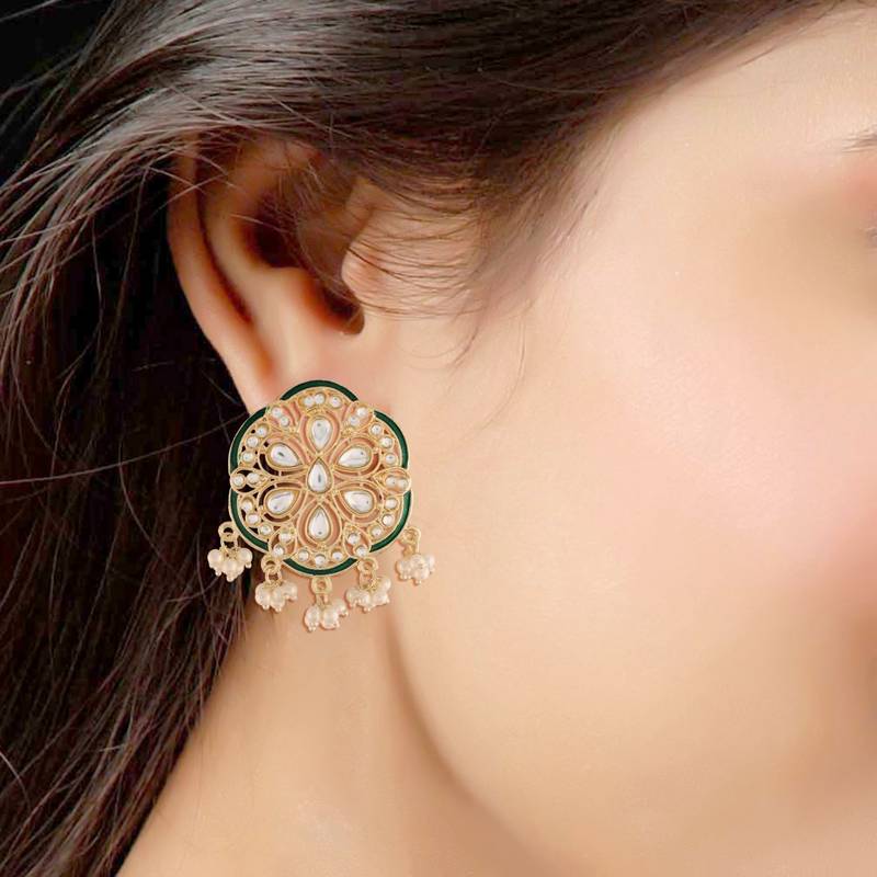 Traditional Green Meenakari Kundan Pearl Stud Earrings for Women 