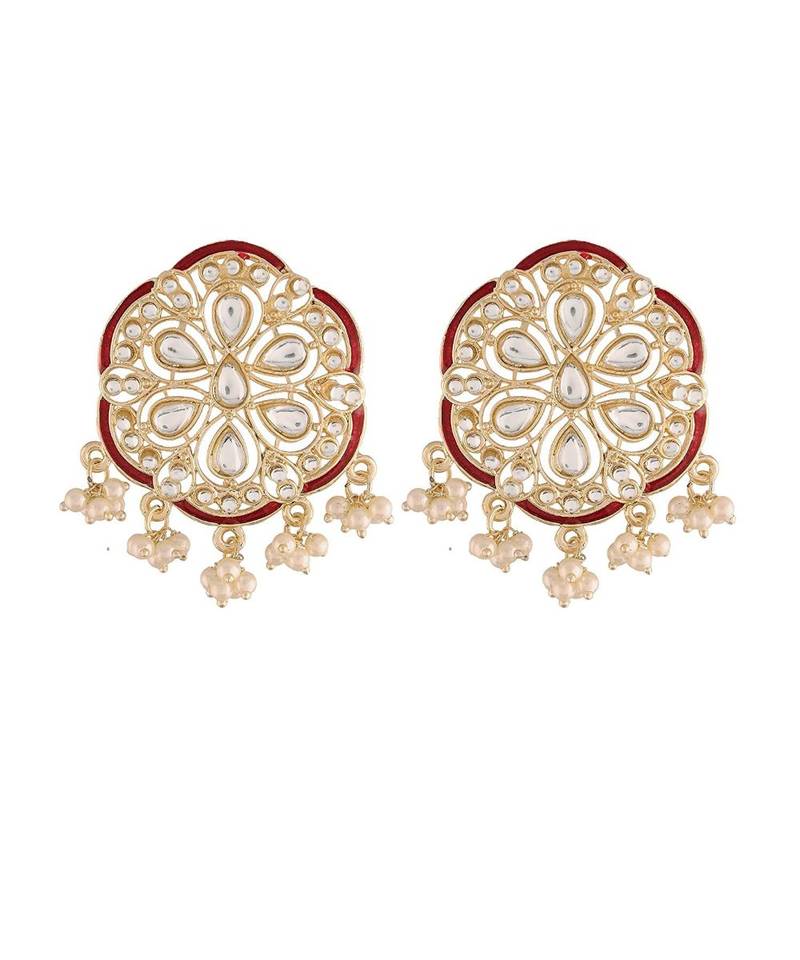 Traditional Red Meenakari Kundan Pearl Stud Earrings for Women (E2939R)