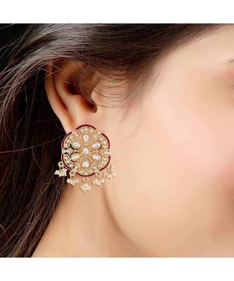 Traditional Red Meenakari Kundan Pearl Stud Earrings for Women (E2939R) 3
