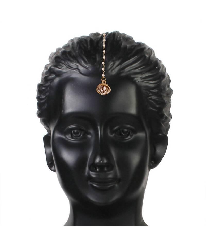 18k Gold Plated Rajasthani Rajputi Kundan Pearl Studded Borla Maang Tikka for Women 