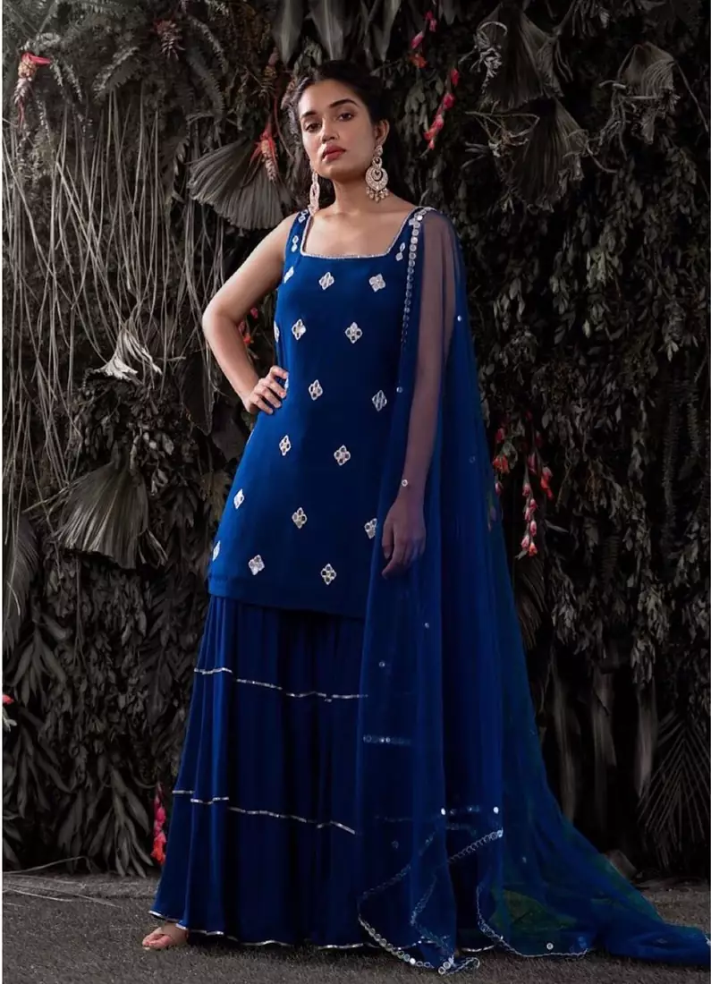 Decent Style Lepis Blue Mukaish Work Sharara Suit