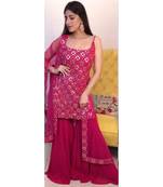 Elegant Pink Resham Embroidered with mirror work georgette base palazzo Suit