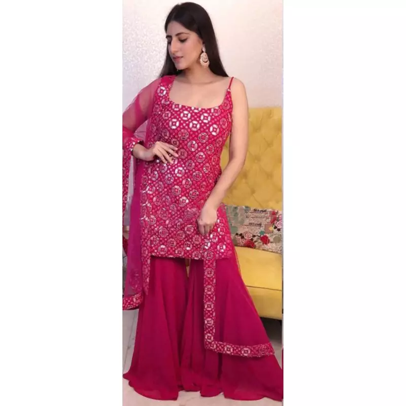 Elegant Pink Resham Embroidered with mirror work georgette base palazzo Suit