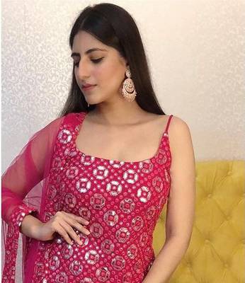 Elegant Pink Resham Embroidered with mirror work georgette base palazzo Suit 2
