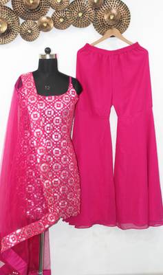 Elegant Pink Resham Embroidered with mirror work georgette base palazzo Suit 4