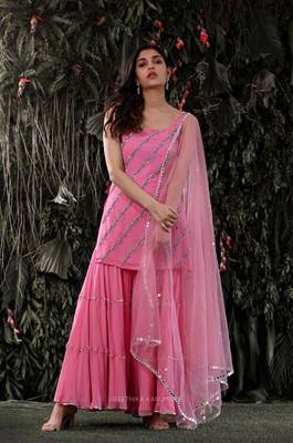 Spectacular Deep Pink Georgette Festive Wear Designer Sharara Suit 1