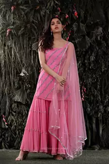 Spectacular Deep Pink Georgette Festive Wear Designer Sharara Suit