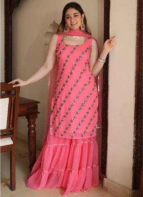 Spectacular Deep Pink Georgette Festive Wear Designer Sharara Suit 6