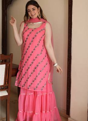 Spectacular Deep Pink Georgette Festive Wear Designer Sharara Suit 7
