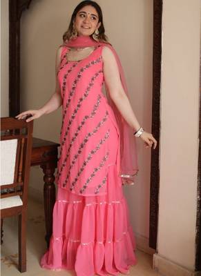 Spectacular Deep Pink Georgette Festive Wear Designer Sharara Suit 8