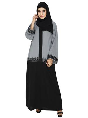 Grey Flared Abaya With Contrast Color Blocking And Lace Work 1
