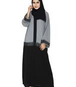 Grey Flared Abaya With Contrast Color Blocking And Lace Work