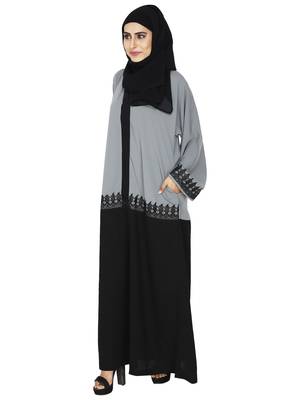 Grey Flared Abaya With Contrast Color Blocking And Lace Work 2