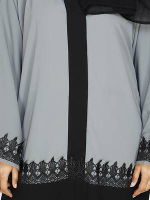 Grey Flared Abaya With Contrast Color Blocking And Lace Work 5