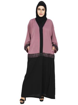 Dull Pink Flared Abaya With Contrast Color Blocking And Lace Work 1