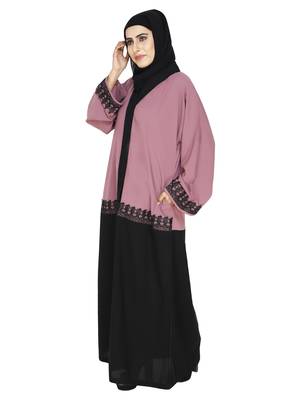 Dull Pink Flared Abaya With Contrast Color Blocking And Lace Work 2