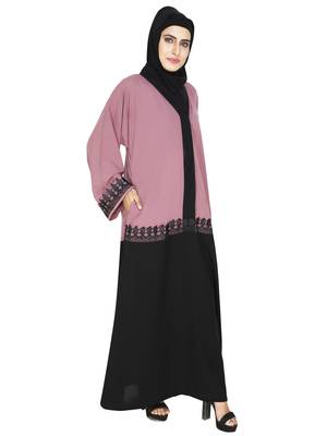 Dull Pink Flared Abaya With Contrast Color Blocking And Lace Work 3