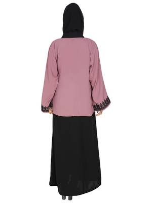 Dull Pink Flared Abaya With Contrast Color Blocking And Lace Work 4