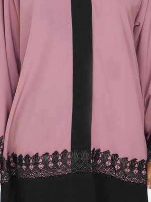Dull Pink Flared Abaya With Contrast Color Blocking And Lace Work 5