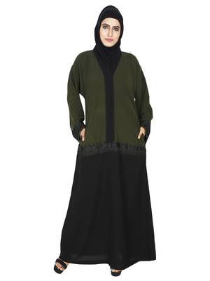 Olive Flared Abaya With Contrast Color Blocking And Lace Work 1