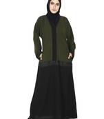 Olive Flared Abaya With Contrast Color Blocking And Lace Work