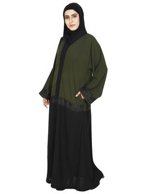 Olive Flared Abaya With Contrast Color Blocking And Lace Work 2