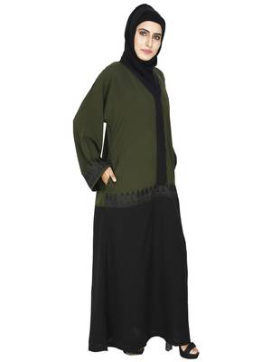 Olive Flared Abaya With Contrast Color Blocking And Lace Work 3